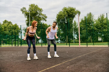 Two athletic women in sportswear stand confidently at the top of a tennis court, displaying determination and motivation.