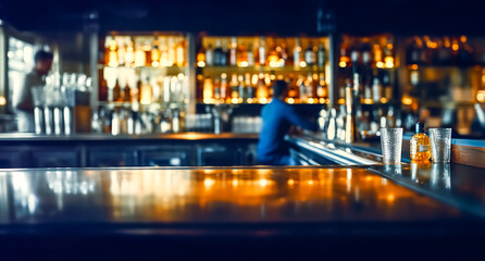 Wall Mural - Blur shot of classic luxury counter bar drink.cocktail bartender with  light gold bokeh background.beverage concepts