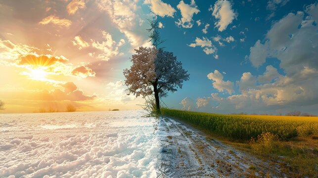 banner showcasing contrast between summer and winter seasons in climate change timeline