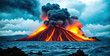 A volcano erupting with lava flowing down its slopes and smoke rising into the sky.