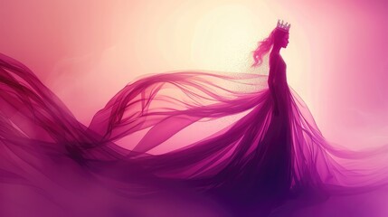 Wall Mural - banner background International Beauty Pageant Day theme, and wide copy space, Silhouette of a woman in a flowing dress with a crown above her head, set against a plain backdrop
