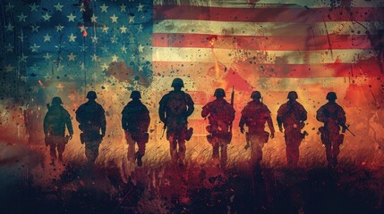 Wall Mural - USA Soldier Silhouettes with Flag Graphic Design - AI Generated