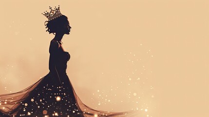Wall Mural - banner background International Beauty Pageant Day theme, and wide copy space, Silhouette of a woman walking confidently with a crown hovering above her head, for banner