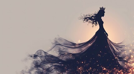 Wall Mural - banner background International Beauty Pageant Day theme, and wide copy space, Silhouette of a woman in a flowing dress with a crown above her head, set against a plain backdrop