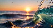 A Wave Crashing On The Shore At Sunset, With The Sun Setting In The Background.