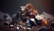 Material Science Rock Samples Display. Small pile of minerals extracted in a rare earth mine background. Cluster of rare minerals extracted from an earth mine, Ai generated