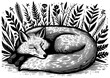 peaceful sleeping fox curled up in a lush forest setting with intricate foliage details sketch engraving generative ai PNG illustration. Scratch board imitation. Black and white image.