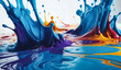 Beautiful abstraction of blue violet orange liquid paints in slow blending flow mixing together gently, abstract colorful background with wave paint splashes, ink splash swirls backdrop isolated white