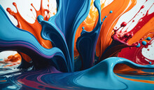 Beautiful Abstraction Of Red Blue Orange Liquid Paints In Slow Blending Flow Mixing Together Gently, Abstract Colorful Background With Wave Paint Splashes, Ink Splash Swirls Backdrop Isolated White