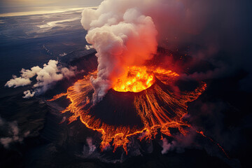 Wall Mural - volcano eruption from a bird view. volcano crater and magma flow shot from above. genertated ai.