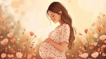 Wall Mural - Happy Pregnant Woman Caressing her Belly vector Cartoon illustration. Cheerful mommy felling attached to the unborn baby 