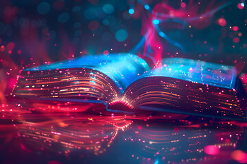 Wall Mural - Open book with futuristic technology. Colorful lights neon background.