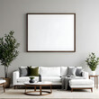 Living room wall art mockup, gray wall, horizontal, dark wood frame, olive