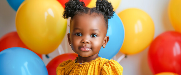 Cute happy little African girl is celebrating her birthday with colorful balloons around. Festive celebration banner.