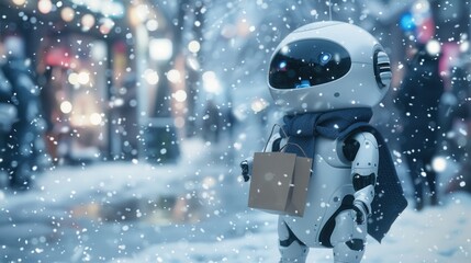 Poster - Robot walking in the snow with a shopping bag, suitable for technology and winter themed projects