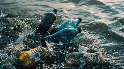 Poster - Plastic bottles floating on water surface, environmental pollution concept. Suitable for environmental campaigns