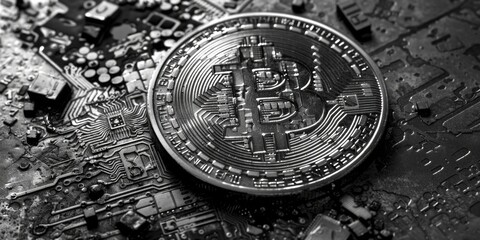 Aufkleber - A bitcoin sitting on top of a computer motherboard. Perfect for technology and cryptocurrency concepts