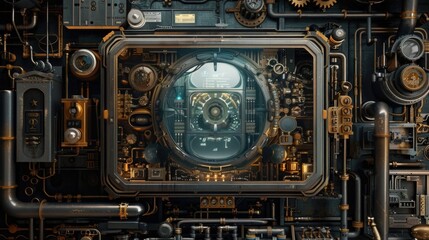 Poster - Industrial machine room with clock and pipes, suitable for technology concepts
