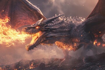 Poster - A close up image of a fire breathing dragon. Perfect for fantasy and mythology themes