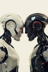 Poster - Two robots with glowing red eyes in a confrontation, suitable for sci-fi or technology concepts