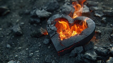 Poster - A heart shaped piece of coal burning with flames. Suitable for concepts of passion and energy