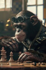 Poster - A chimpanzee wearing sunglasses playing a game of chess. Suitable for educational and strategic concept designs