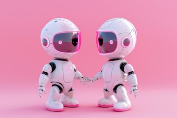 Poster - Two robots shaking hands on a vibrant pink backdrop. Ideal for technology and futuristic concepts
