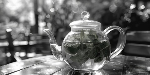 Poster - Fresh mint sprig in glass teapot, perfect for herbal tea concept