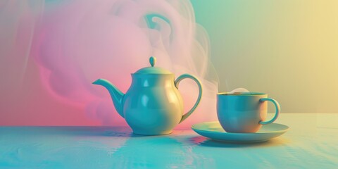 Poster - Tea pot and cup on table. Perfect for kitchen or tea-related designs