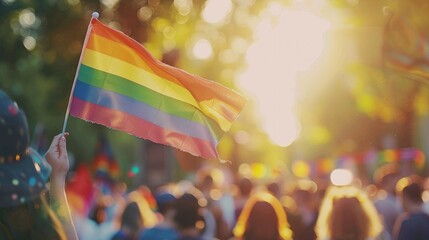 Wall Mural - person waving rainbow flag at pride parade or festival, lgbt concept with blurred crowd and bokeh background, sunny day