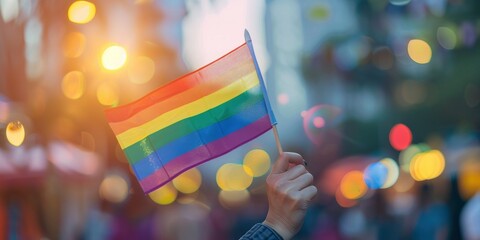 person waving rainbow flag at pride parade or festival, lgbt concept with blurred crowd and bokeh background, sunny day