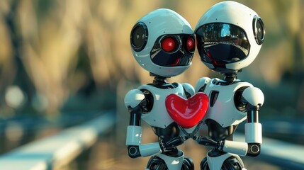 Poster - Two robots holding a red heart, suitable for technology or love concepts