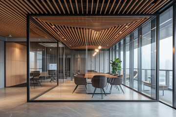 modern office conference room with city skyline view