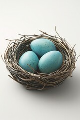 Poster - Three blue eggs in a nest on a white surface. Suitable for nature and spring themes