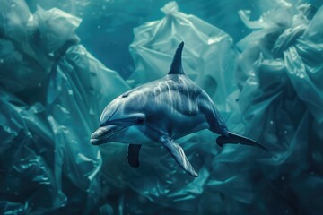 Poster - Dolphin surrounded by plastic bags, suitable for environmental concepts