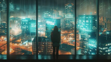 Poster - A person looking out a window at a city at night. Suitable for urban lifestyle concepts
