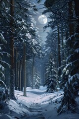 Aufkleber - A snowy path in the woods with a full moon in the background. Perfect for winter and nature-themed projects