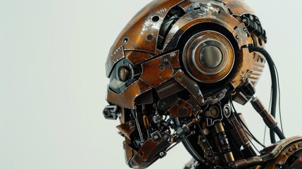 Poster - Detailed view of a metallic robot head, suitable for technology concepts