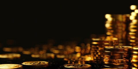 Poster - Stack of gold coins on a wooden table, suitable for financial concepts