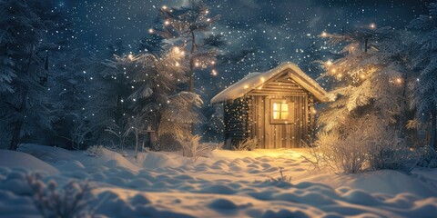 Aufkleber - A small cabin in the middle of a snowy forest, perfect for winter themes
