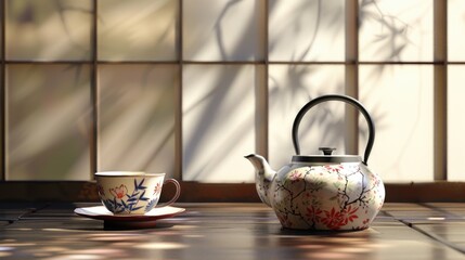 Poster - A tea pot and cup on a table, perfect for cozy home decor