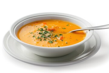 Poster - A bowl of soup on a plate with a spoon. Suitable for food and cooking concepts