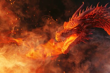 Poster - A dramatic image of a fire breathing dragon in the dark night. Perfect for fantasy and mythical themes