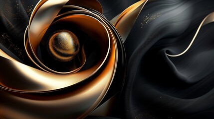 Wall Mural - featuring golden and black ribbons on the left side of an abstract background with swirling shapes