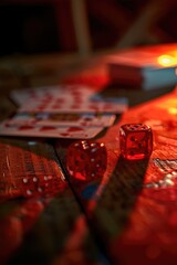 Poster - Red dice on a wooden table, perfect for gaming or gambling concepts