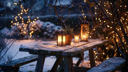 Poster - Snow covered lanterns on a rustic wooden table, perfect for winter themed designs