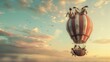 A hot air balloon with penguins. Colorful stripes is floating high in the sky, propelled by the heat of the flames inside the balloon. The sky is clear blue with a few fluffy clouds, and the landscape