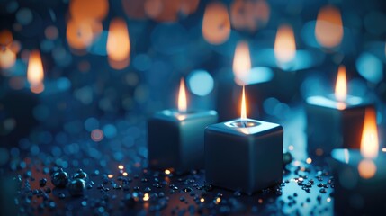 Poster - A group of lit candles on a table. Can be used for home decor or festive occasions