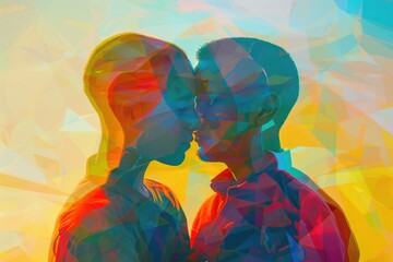 Poster - Romantic couple kissing in front of vibrant colors. Ideal for love and relationships concepts
