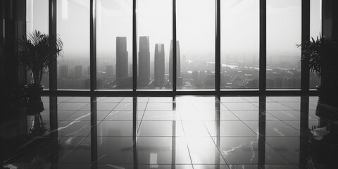 Poster - A striking black and white image of a city skyline. Perfect for urban design projects